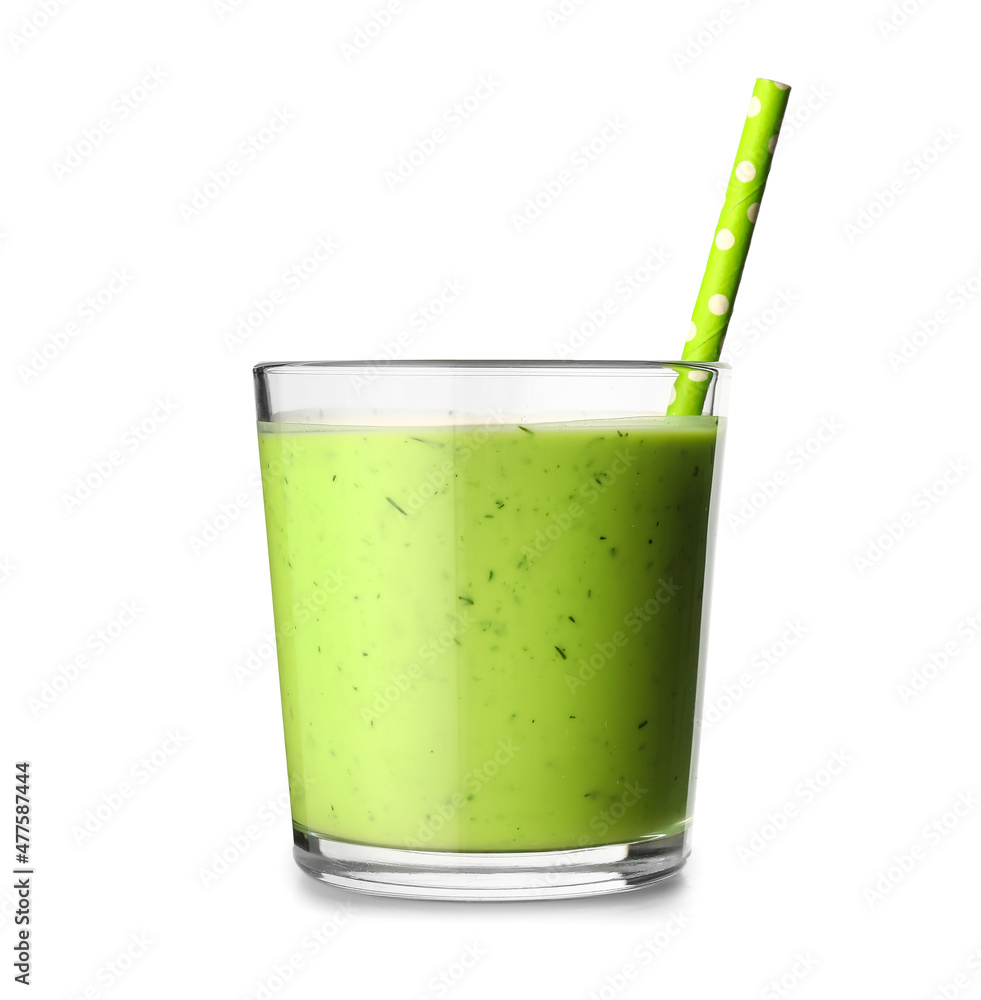一杯美味的绿色果汁，白底吸管