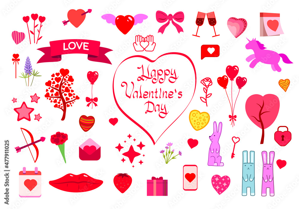 一套以爱情为主题的图案，2月14日，情人节，情人节装饰卡片