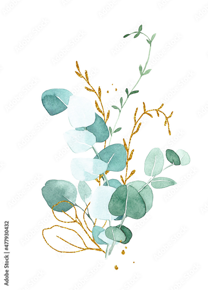 水彩画。花束，桉树树枝的组成。金色和绿色桉树树叶。v