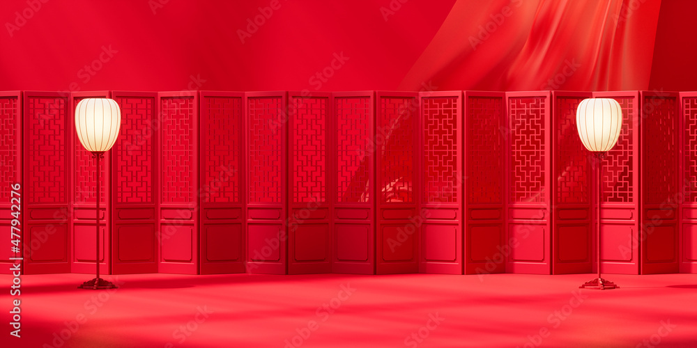 Chinese screen and lamp with red background, 3d rendering.