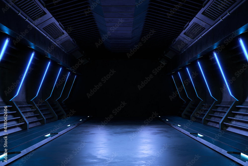 空暗室，现代未来科幻背景。3D插图