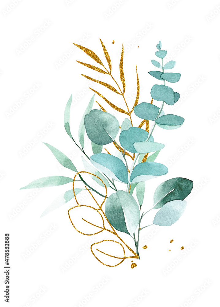 水彩画。花束，桉树叶子的组成。vin中的绿色和金色热带树叶