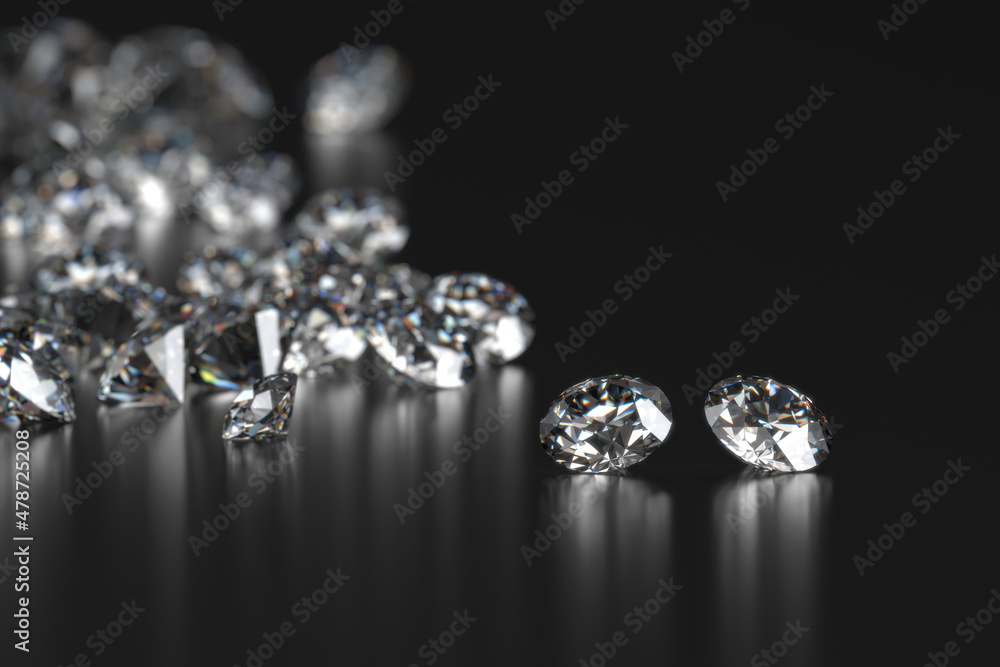 钻石组置于黑色背景上，具有柔焦3D渲染