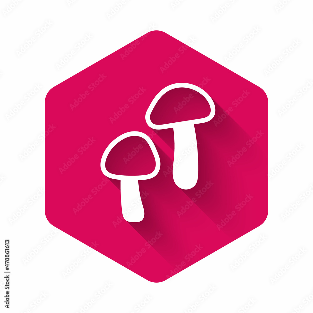 White Mushroom icon isolated with long shadow. Pink hexagon button. Vector