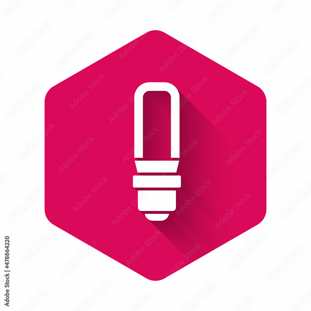 White LED light bulb icon isolated with long shadow background. Economical LED illuminated lightbulb