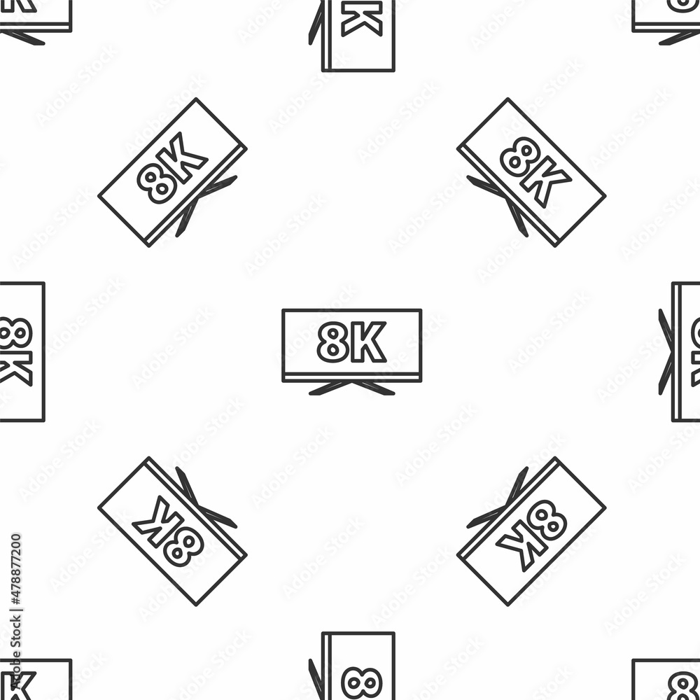Grey line Screen tv with 8k Ultra HD video technology icon isolated seamless pattern on white backgr