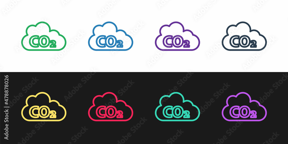 在黑白背景上隔离的云图标中设置二氧化碳排放线。二氧化碳公式，