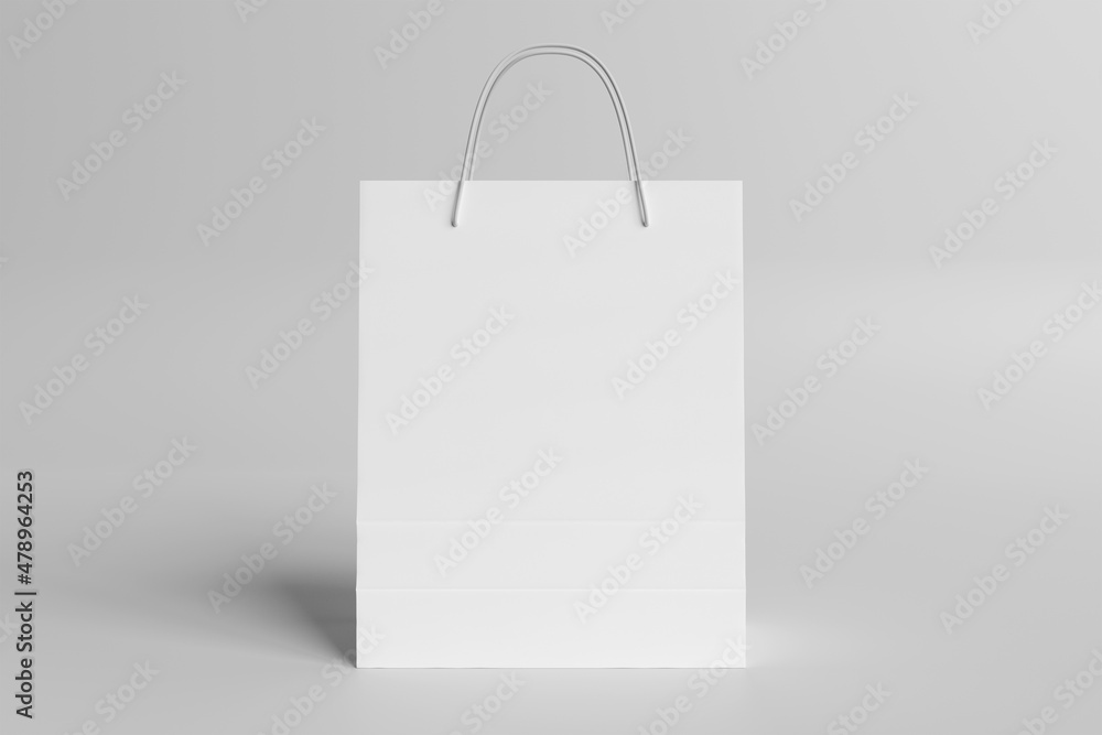 白色购物袋实物模型。空纹理的空白纸袋模板。3D渲染