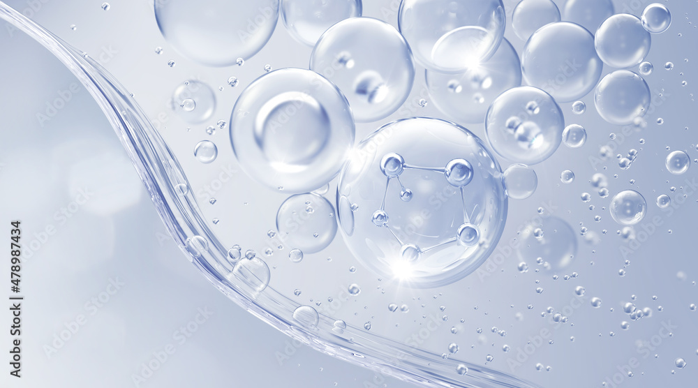 化妆品精华液，液体气泡，水背景上液体气泡内的分子，3d渲染