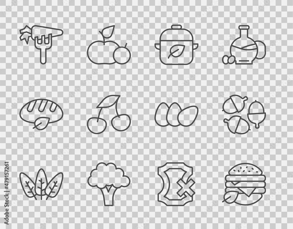 套餐叶子，素食，西兰花，胡萝卜，新鲜浆果，无皮革和橡子图标。矢量