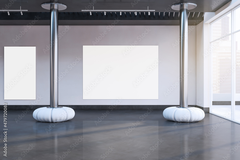 当代混凝土展厅内部，有空的白色模型海报和装饰元素