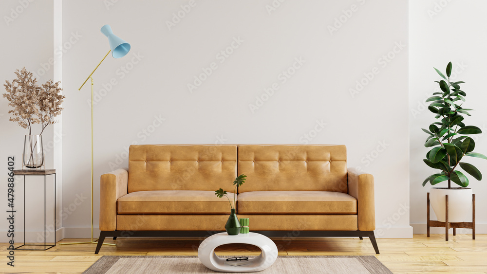 现代极简主义室内，空白墙背景上有一张皮沙发。
