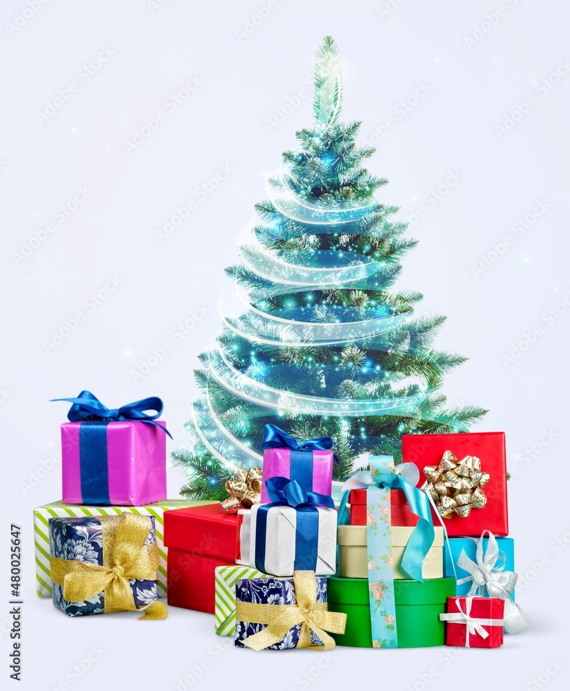 Christmas and new year concept with tree and gifts