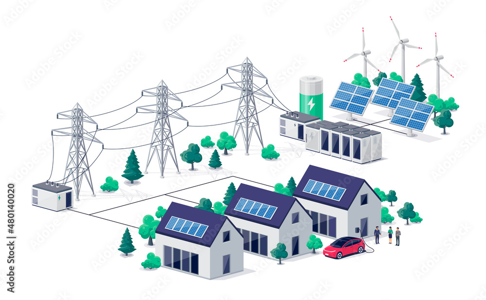 带家庭住宅、太阳能电池板发电站的可再生能源配电