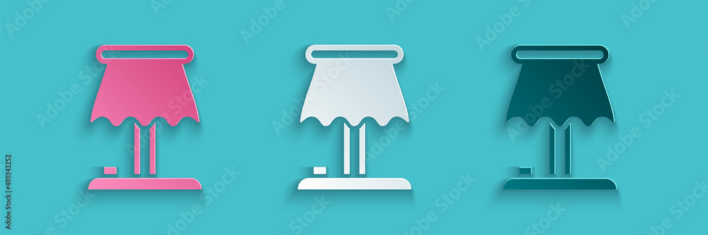 Paper cut Table lamp icon isolated on blue background. Paper art style. Vector