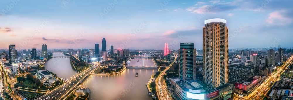 航拍中国宁波现代城市景观夜景