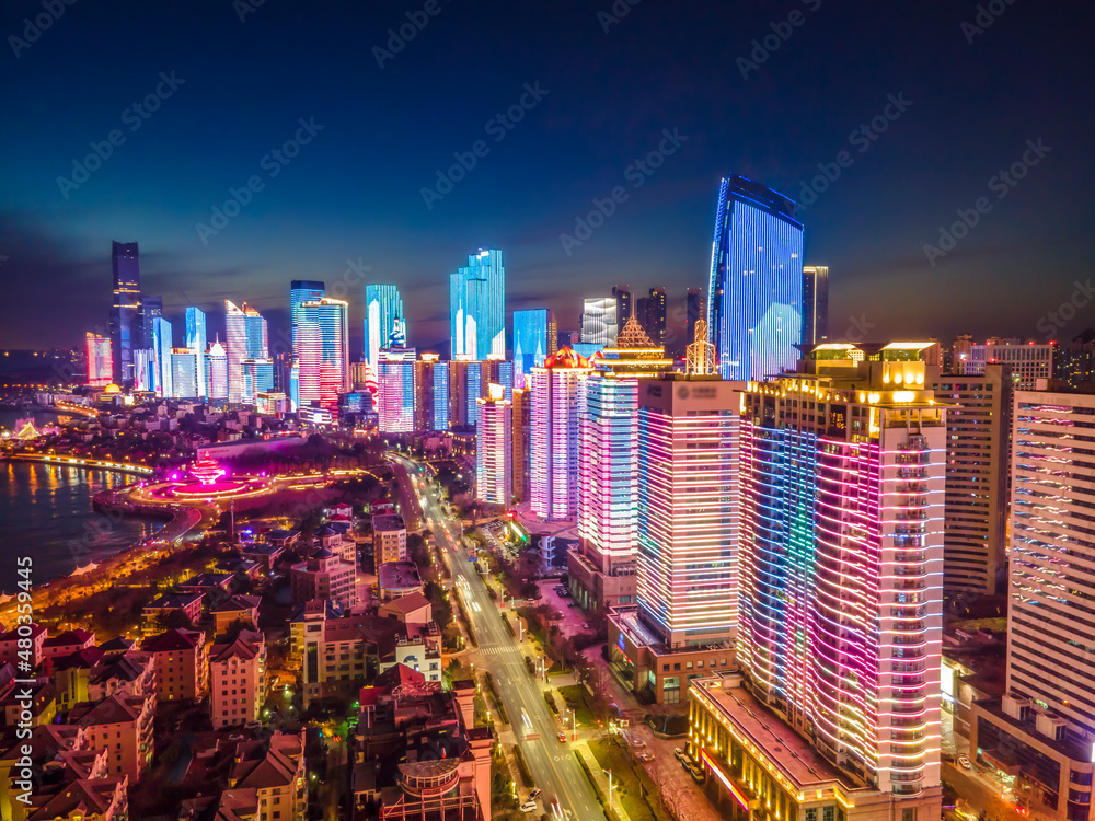 中国青岛现代城市建筑航拍夜景