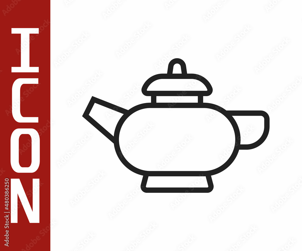 黑线中国传统茶道图标隔离在白底上。带杯子的茶壶。面纱