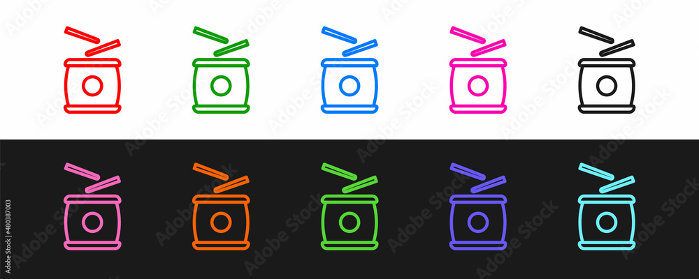 Set line Chinese drum icon isolated on black and white background. Traditional asian percussion inst