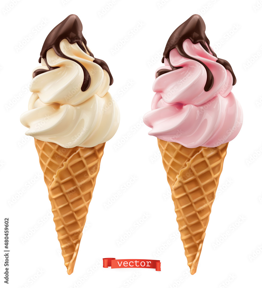 威化饼式锥形软冰淇淋。巧克力和奶油三维逼真矢量图标