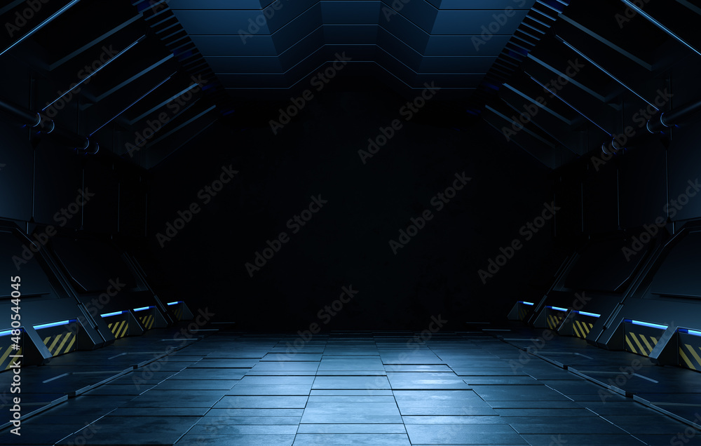 空暗室，现代未来科幻背景。3D插图