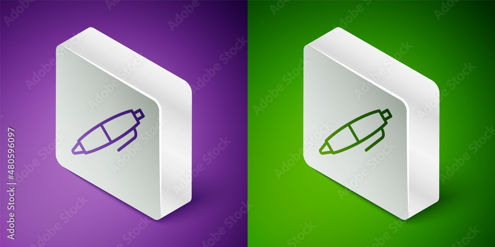 等距线笔图标隔离在紫色和绿色背景上。银色方形按钮。矢量
