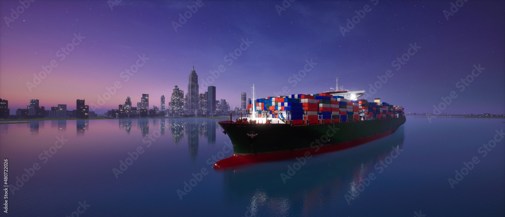 集装箱货船运输穿越城市的夜景，3d渲染图