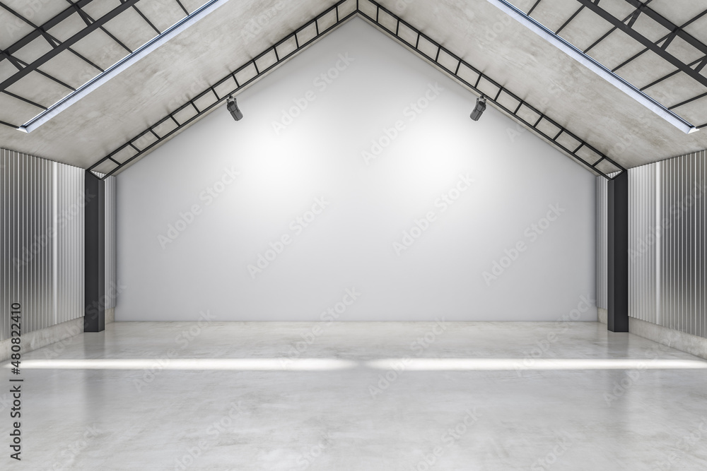 抽象的混凝土机库内部，墙上有实体模型，用于您的广告。仓库和