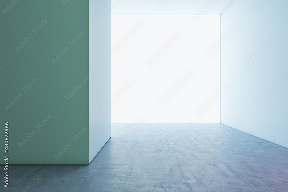 Abstract spacious interior with daylight and empty mock up place on blue wall. Gallery and nobody co