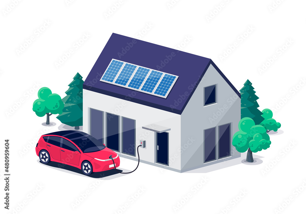 家用壁挂式充电站的电动汽车停车充电。家庭住宅。能源sto
