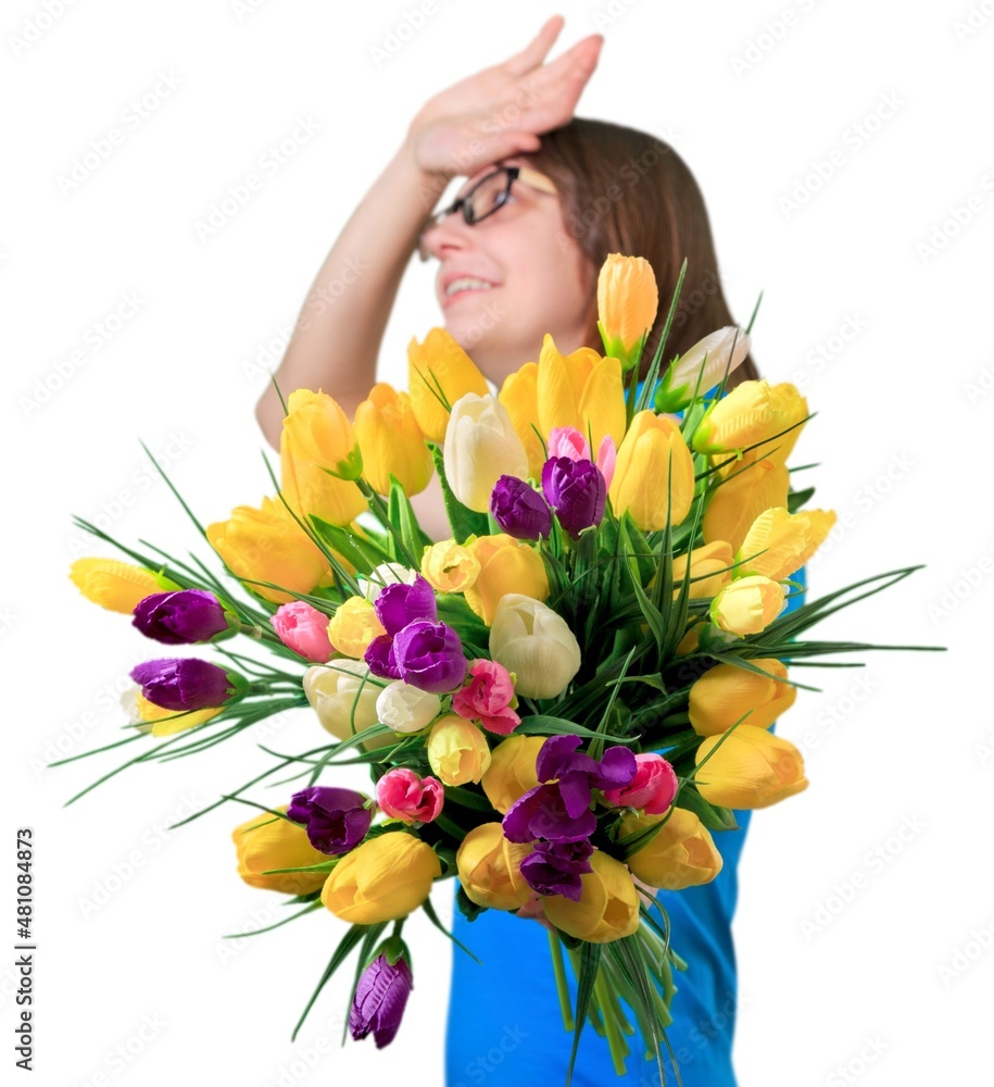 Valentines Day bouquet of flowers in woman hands.