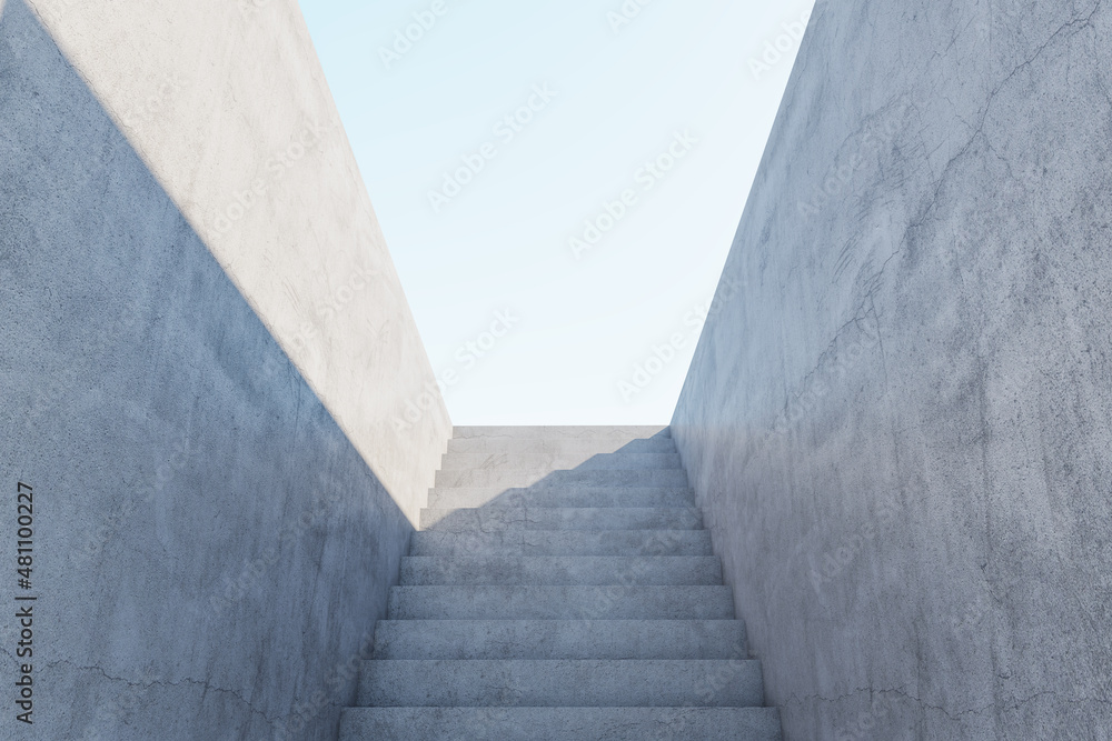 抽象的混凝土楼梯，在阳光下获得成功。模拟场所。成长和领导理念。3D