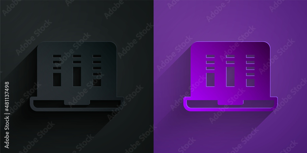 笔记本电脑上的剪纸声音或录音机或编辑软件，紫色背面黑色隔离