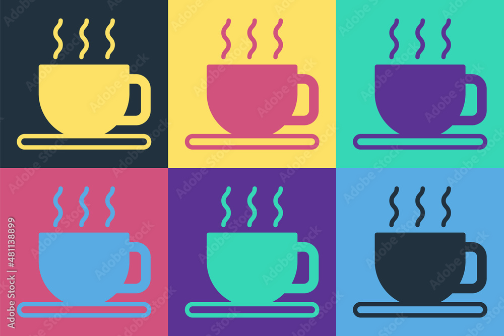 在彩色背景上隔离的流行艺术茶杯图标。矢量