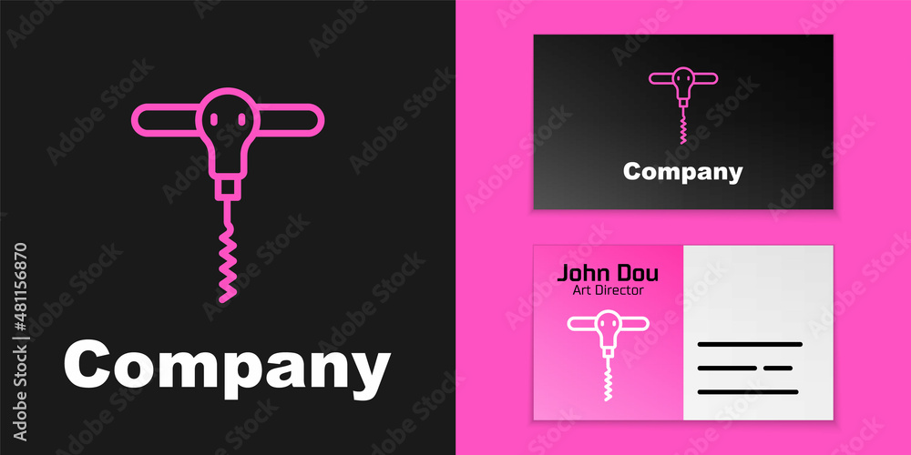 Pink line Wine corkscrew icon isolated on black background. Logo design template element. Vector