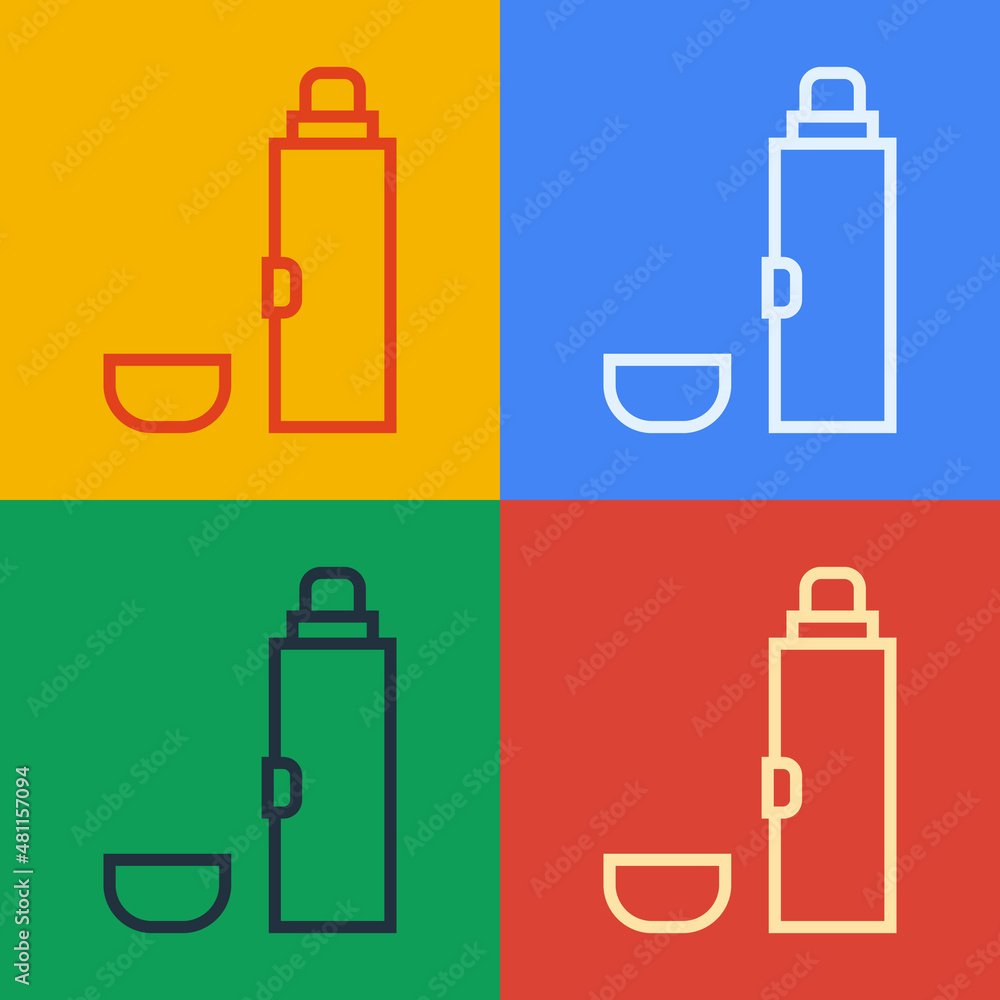 Pop art line Thermos container icon isolated on color background. Thermo flask icon. Camping and hik