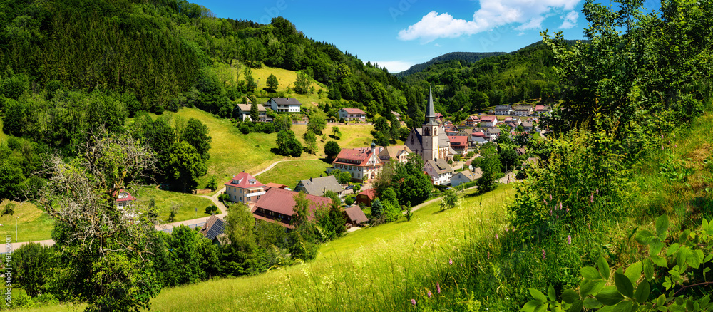 Panoramic gorgeous landscape containing an idyllic German village in a lush green valley in the Blac