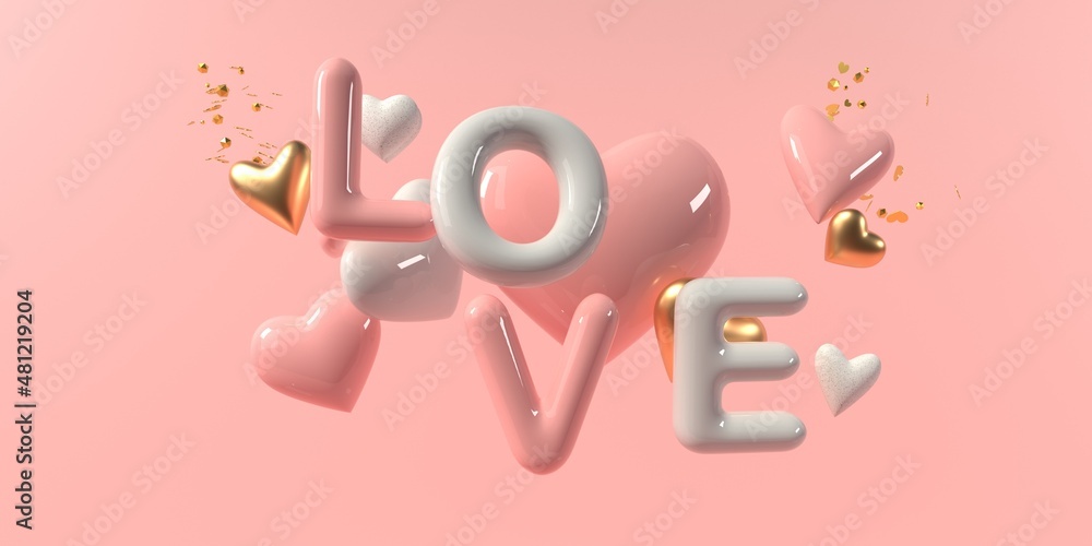 情人节主题与爱心文字-3D渲染