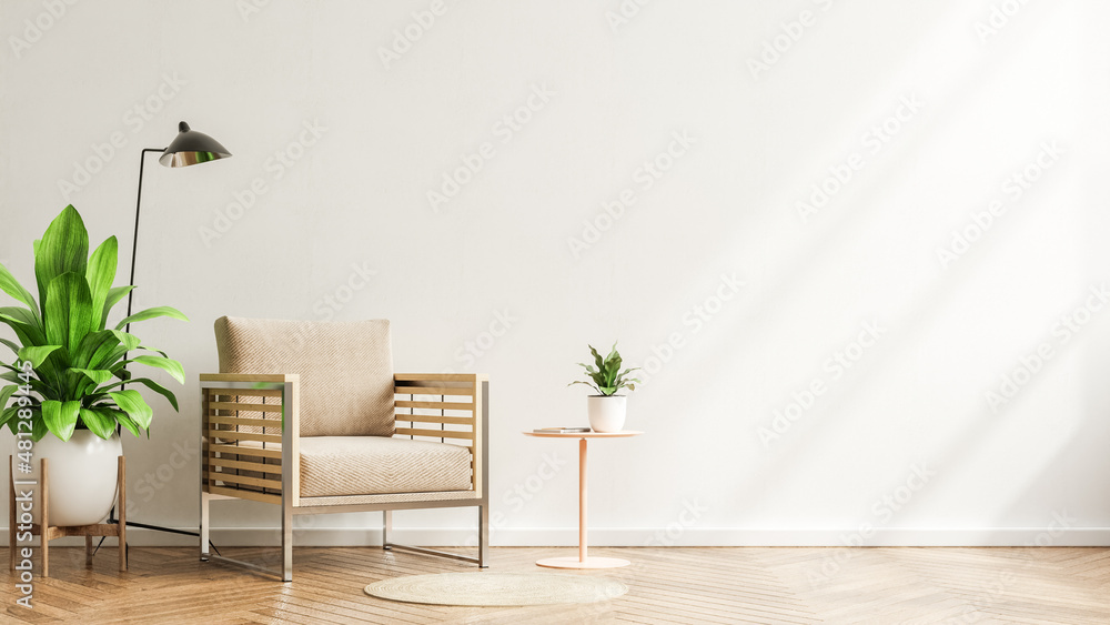 温暖色调的客厅内墙模型，扶手椅，简约设计。