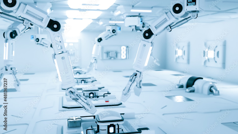White mechanical robotic arms working in a sterile white environment, like a factory or a high-tech 