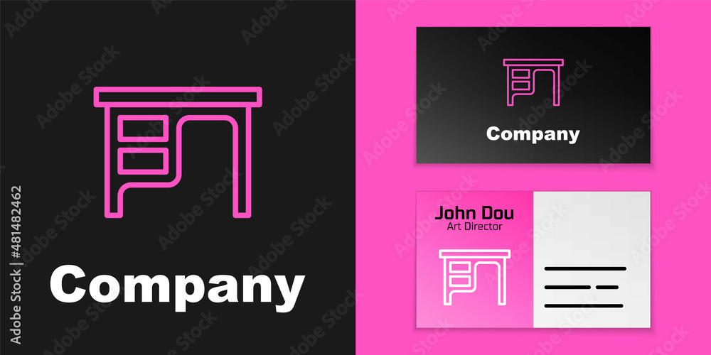 粉红色线条办公桌图标隔离在黑色背景上。徽标设计模板元素。矢量