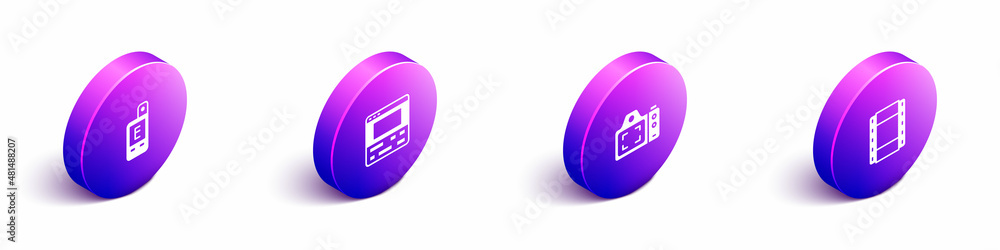 Set Isometric Light meter, Video recorder on laptop, Photo camera and Play icon. Vector