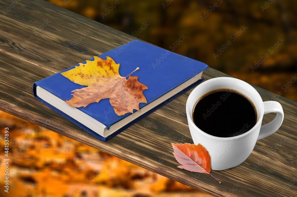在落叶的背景下，一杯茶和一本书放在木制表面上，秋天的季节