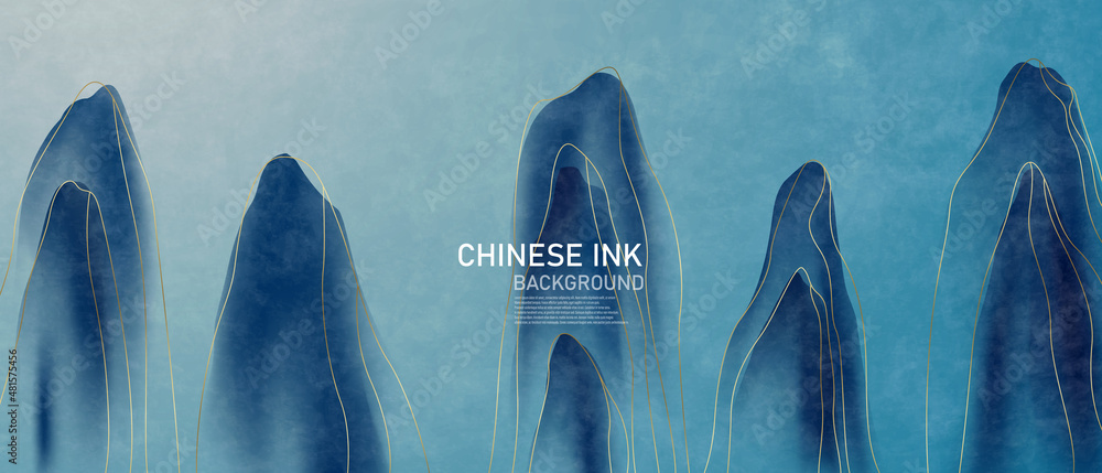 中国水墨山水画在仿古纸上的矢量插图，带有优雅的金色线条