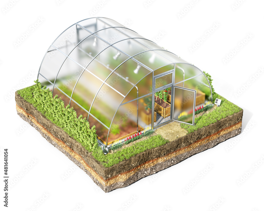 A single greenhouse building on a piece of ground, isolated on white background, 3d illustration