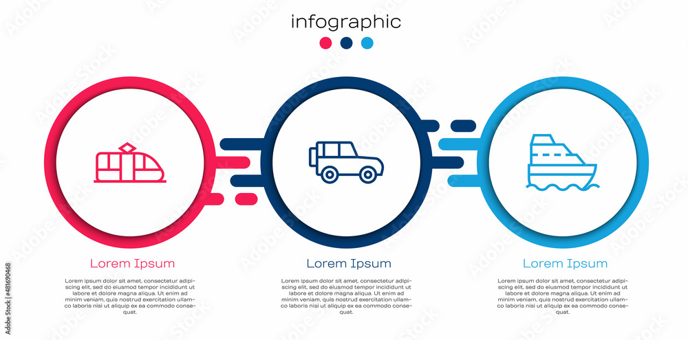 Set line Tram and railway, Off road car and Cruise ship. Business infographic template. Vector