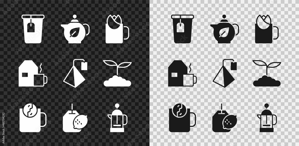 带茶包、茶壶叶、玫瑰、时间、柠檬、法式压榨、牛奶和图标的套装杯。Vector