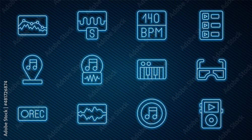 设置线路音乐播放器、眼镜、比特率、音符、音调、均衡器、合成器和图标。矢量