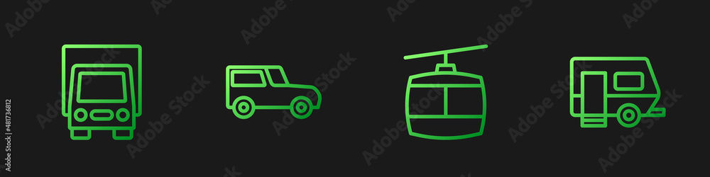 Set line Cable car, Delivery cargo truck, Car and Rv Camping trailer. Gradient color icons. Vector