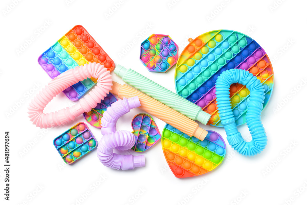 Colorful Pop Tubes and Pop it fidget toys  on white background